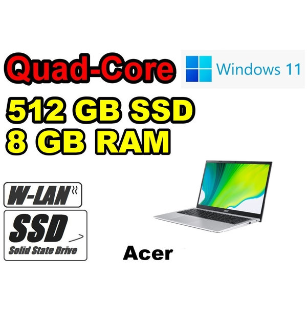 Acer Quad-Core Notebook silber ~ 512 GB SSD ~ 8GB RAM ~ Office ~ HDMI WLAN Webcam Windows11