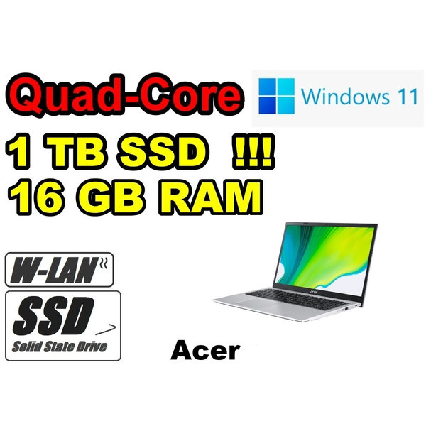 Acer Quad-Core Notebook silber ~ 1TB SSD ~ 16GB RAM ~ Office ~ HDMI WLAN Webcam Windows11