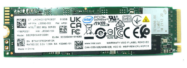 512GB SSD Intel 2280 M.2 intern 660p PCIe HP NVMe 500GB für Notebook, Laptop, PC