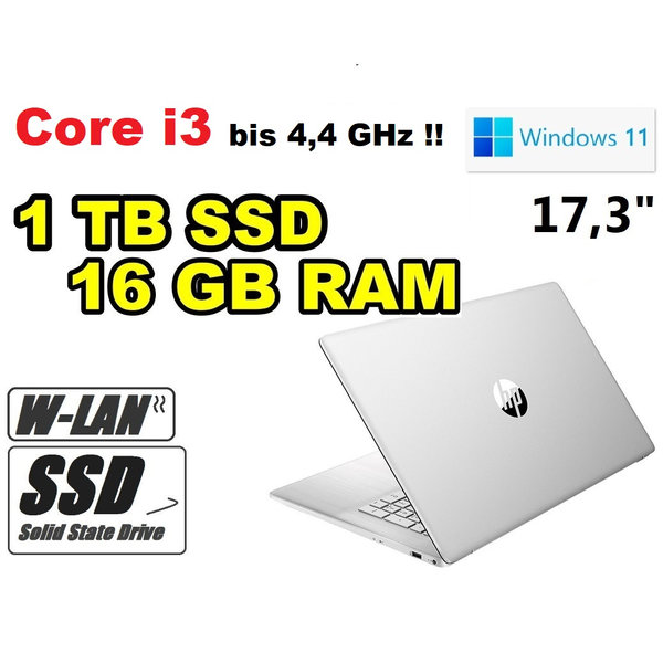 HP Laptop Intel Core i3 silber ~ 1TB SSD 16GB RAM 17,3" ~ HDMI Webcam Windows11