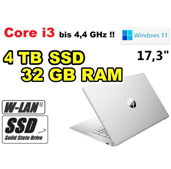 HP Laptop Intel Hexa Core i3 silber ~ 4TB SSD 32GB RAM 17,3" ~ HDMI Webcam Windows11