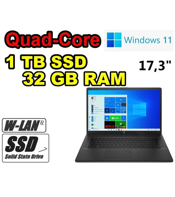 HP Notebook Intel Quad-Core ~ 1000GB (1TB) SSD ~ 32GB RAM ~ 17,3" WLAN Office Windows11