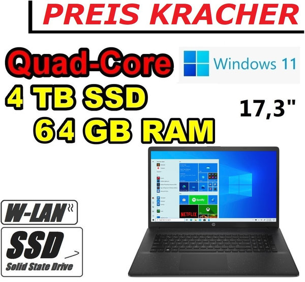 HP Notebook Intel Quad-Core ~ 4000GB (4TB) SSD ~ 64GB RAM ~ 17,3" WLAN Office Windows11