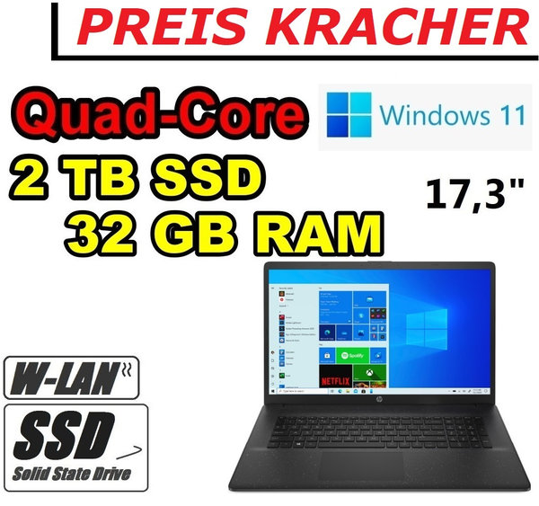 HP Notebook Intel Quad-Core ~ 2000GB (2TB) SSD ~ 32GB RAM ~ 17,3" WLAN Office Windows11
