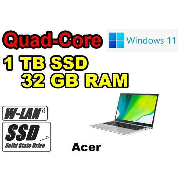 Acer Quad-Core Notebook silber ~ 1TB SSD ~ 32GB RAM ~ Office ~ HDMI WLAN Webcam Windows11